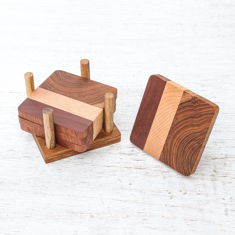 Union Rustic Wood Square 4 Piece Coaster Set With Holder Wayfair